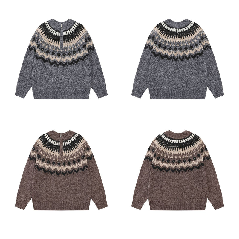 Fair Isle Jacquard Knit Zip-Up Sweater – Vintage Half-Zip Pullover