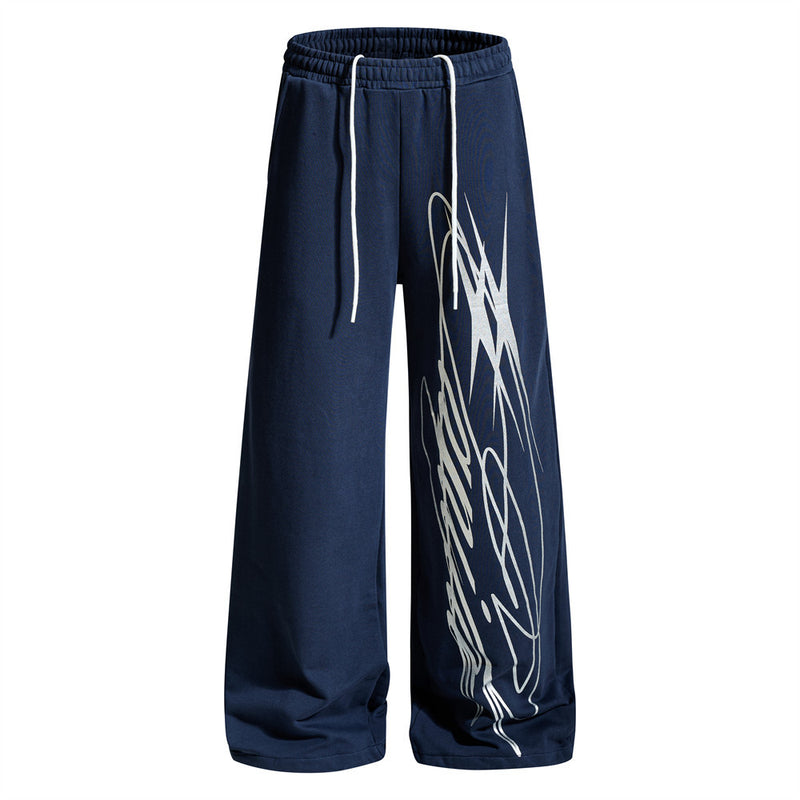 Wide-Leg Graffiti Print Sweatpants – Relaxed Straight-Fit Drawstring Jogger