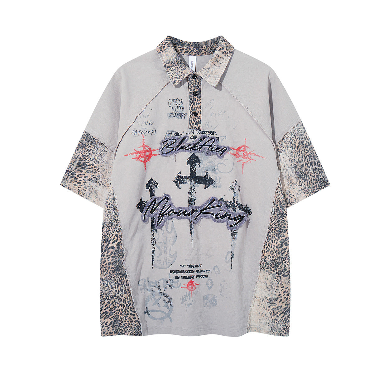 Chemise à col et manches courtes – Polo patchwork léopard graffiti