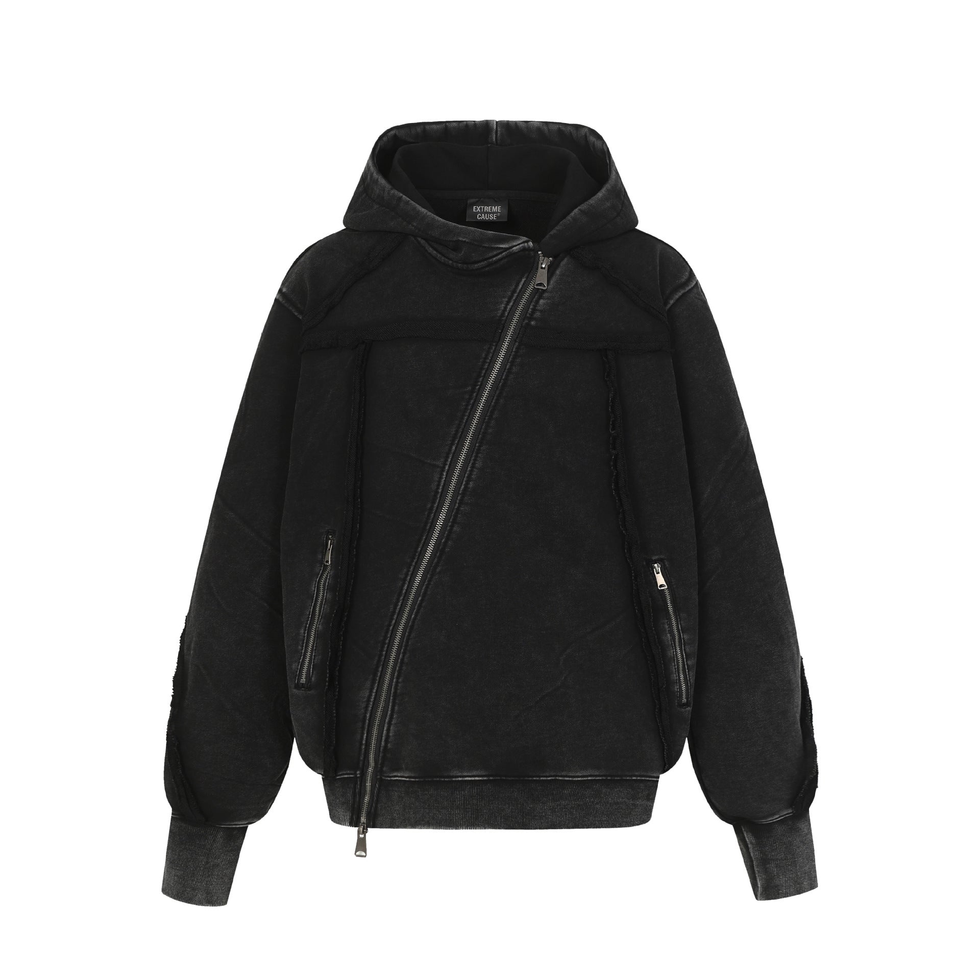 Deconstructed Asymmetric Zip Hoodie – Washed Oversized American Streetwear