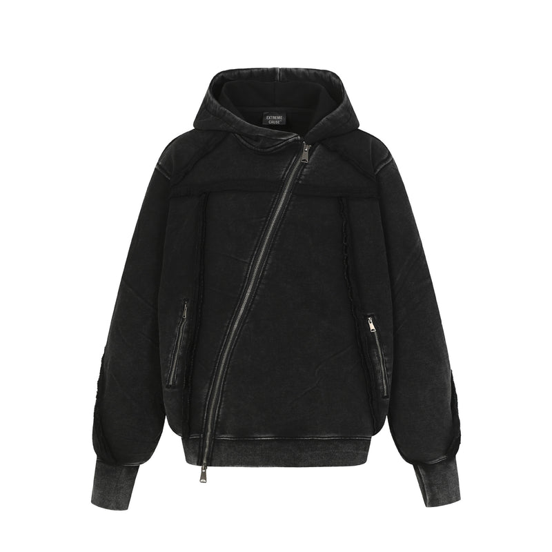 Deconstructed Asymmetric Zip Hoodie – Washed Oversized American Streetwear