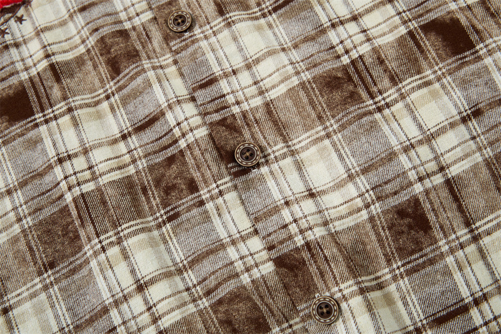 Men Long Sleeve Button Down Shirt Plaid Vintage Embroidered Flannel Overshirt