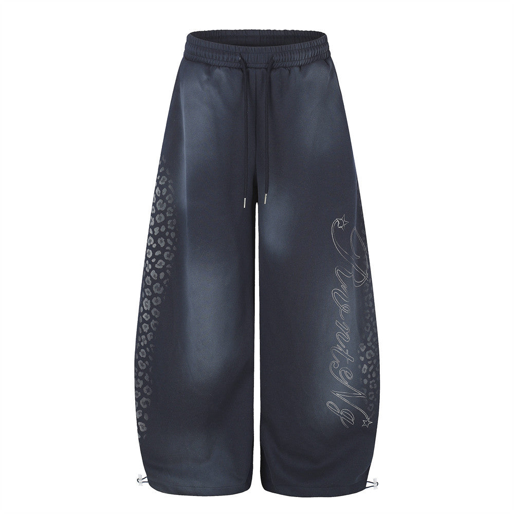 Men's Wide Leg Pants Tie-Dye Leopard Print Curved Hem Drawstring Sweatpants
