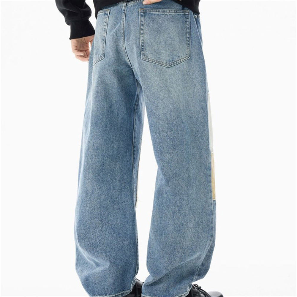 Men's Patchwork Wide-Leg Jeans – Straight Fit Streetwear Denim with Contrast