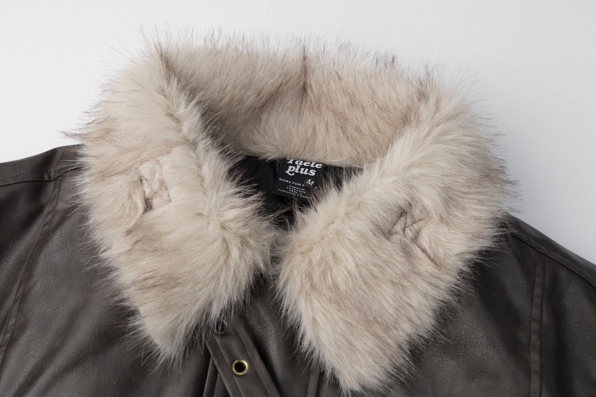 Faux Leather Bomber Jacket with Fur Collar – Padded Aviator Style
