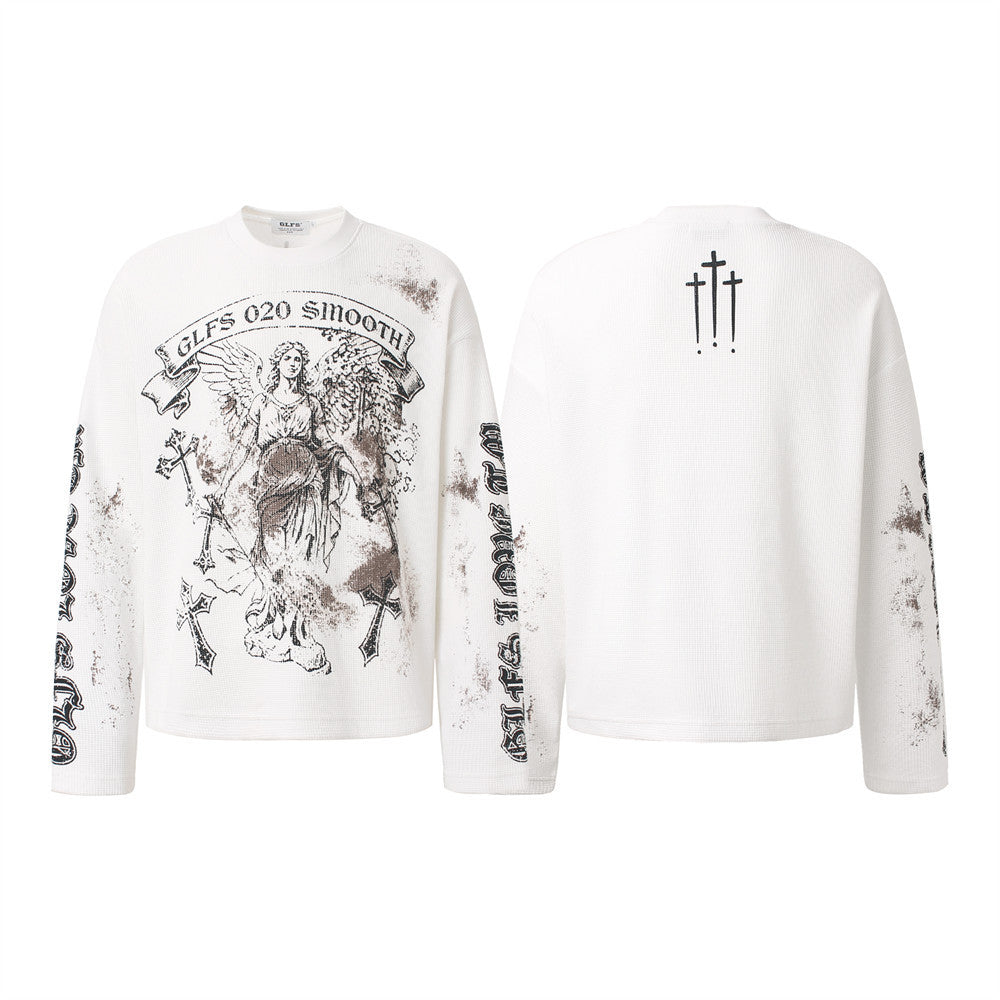 Angel Cross Graphic Long Sleeve Waffle-Knit Shirt – Distressed Print, Relaxed