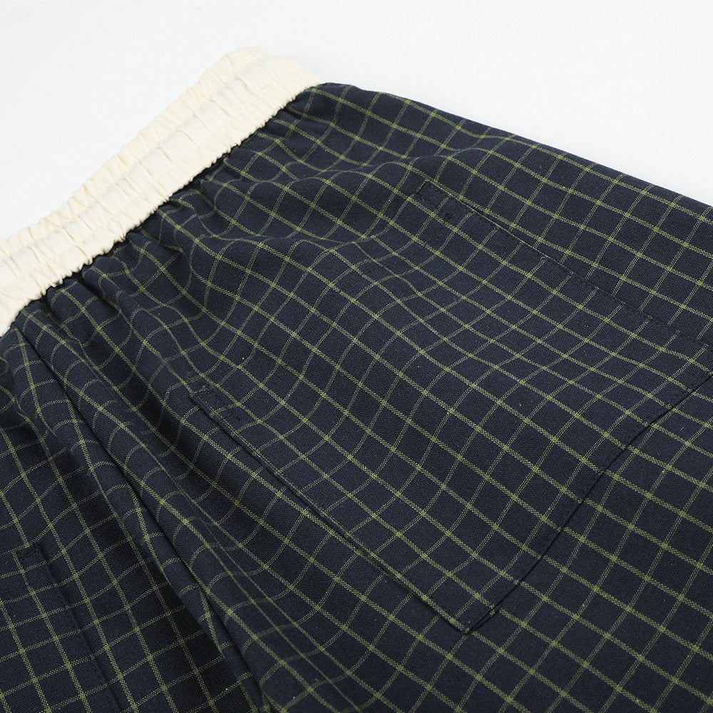 Wide-Leg Plaid Trousers – Elastic Waist Drawstring Contrast Band