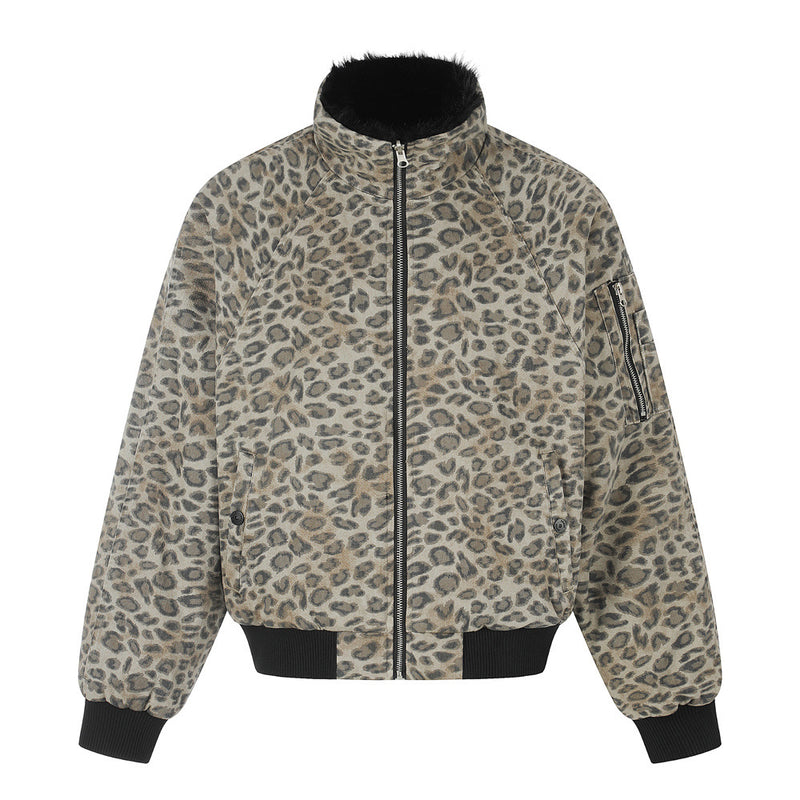 Reversible Faux Fur Leopard Print Bomber Jacket – Men's Oversized Stand Collar