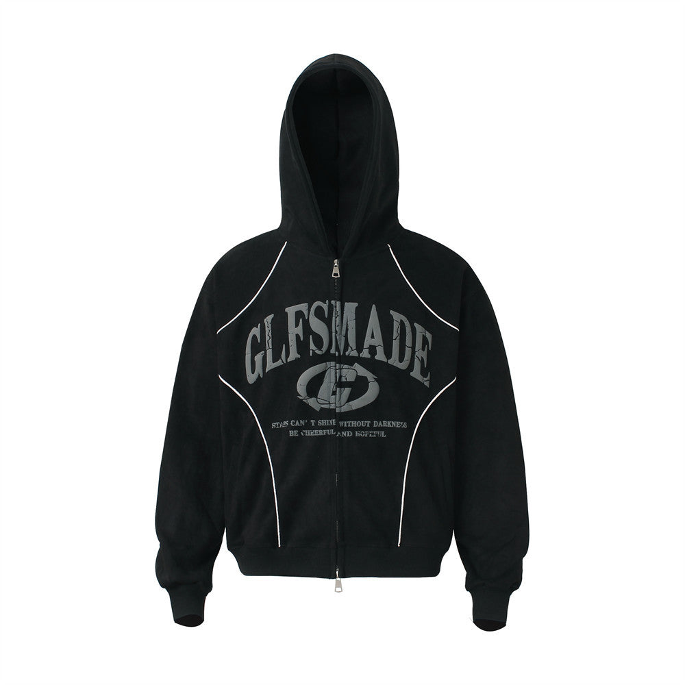 GLFSMADE Letter Print Zip-Up Hoodie – Double-Zip Oversized Streetwear Jacket