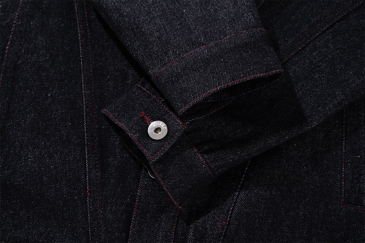 Boxy Raw Denim Jacket with Crocodile-Embossed Leather Panels