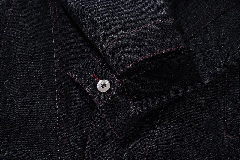 Boxy Raw Denim Jacket with Crocodile-Embossed Leather Panels