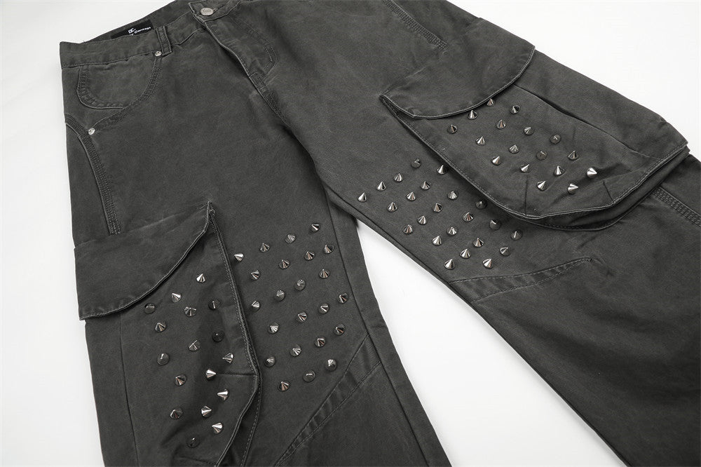 Pantalon cargo gris délavé à rivets pour homme – Coupe ample et décontractée