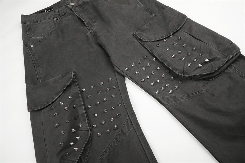 Pantalon cargo gris délavé à rivets pour homme – Coupe ample et décontractée