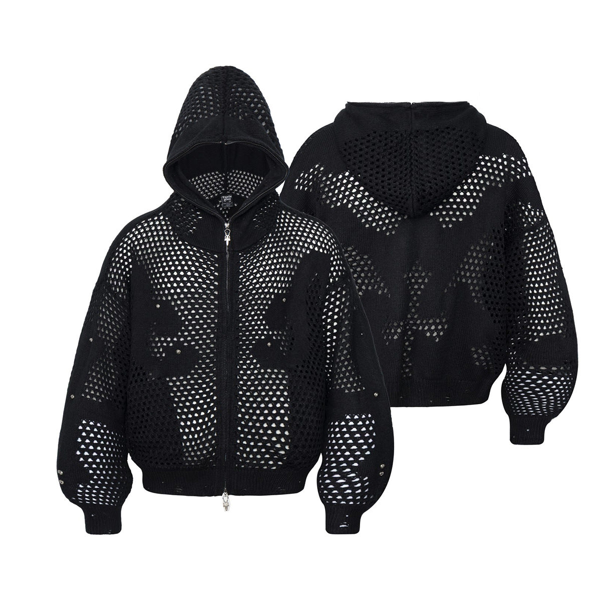Sudadera de punto calado con cremallera y estampado gráfico oscuro