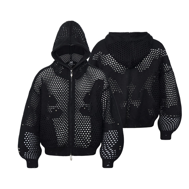 Sudadera de punto calado con cremallera y estampado gráfico oscuro