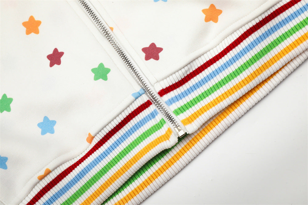 Hoodie zippé homme à imprimé étoiles colorées et capuche en fausse fourrure — Oversize hip-hop