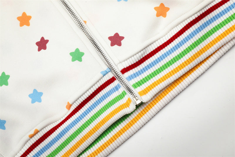 Hoodie zippé homme à imprimé étoiles colorées et capuche en fausse fourrure — Oversize hip-hop