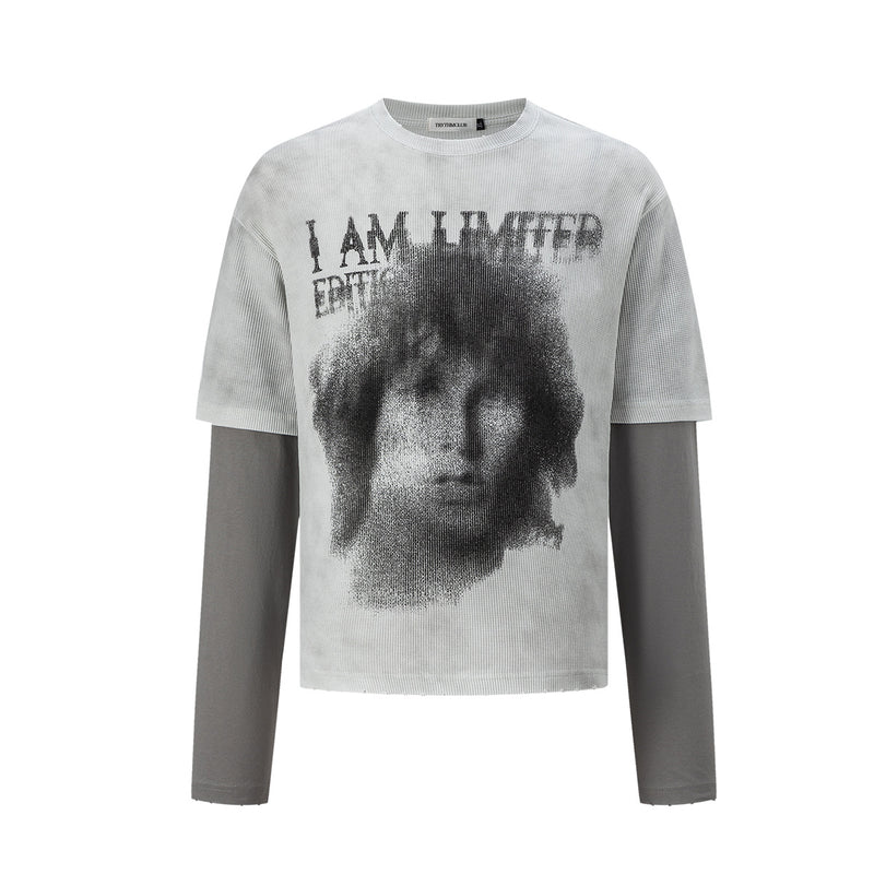 Faux two-piece waffle knit long sleeve graphic tee with halftone face print and I AM LIMITED EDITION text in off-white colorw