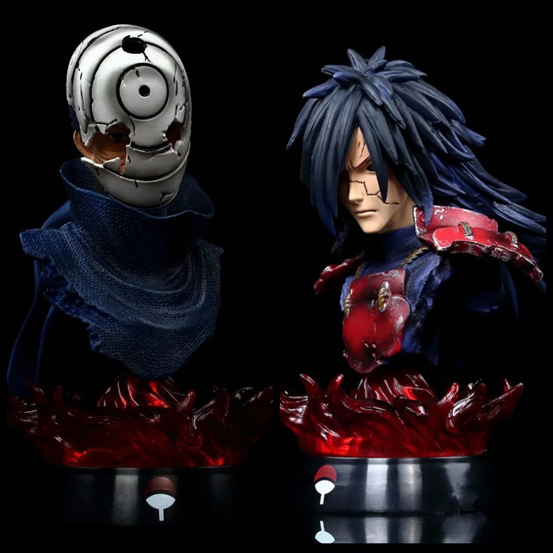 Busto de Uchiha Obito y Uchiha Madara - EDICIÓN DE COLECTOR DE 16 CM | Estatua de anime detallada con base de llamas