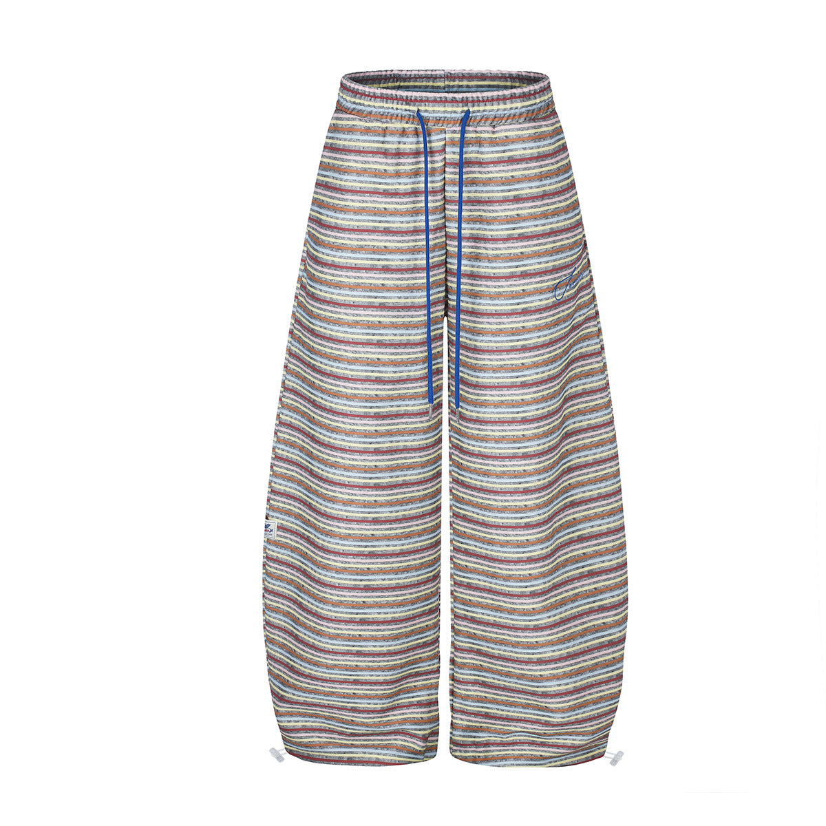 Pantalon de jogging multicolore à jambes larges et rayures, cordon bleu et logo cursif brodé, présenté dans le coloris à rayures grises