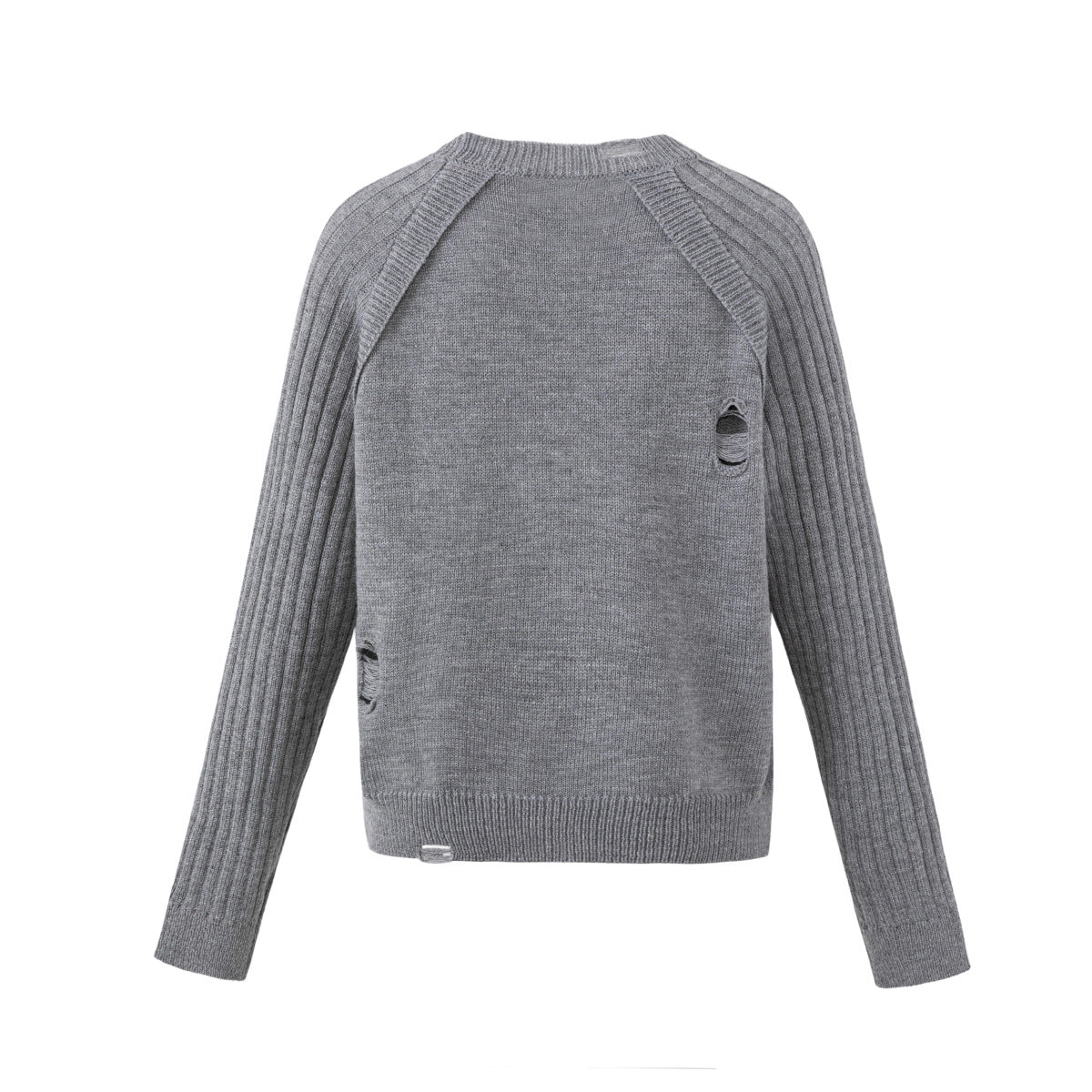 Distressed Graphic Knit Sweater – Raglan Ribbed Sleeve, Rock Print, Grey