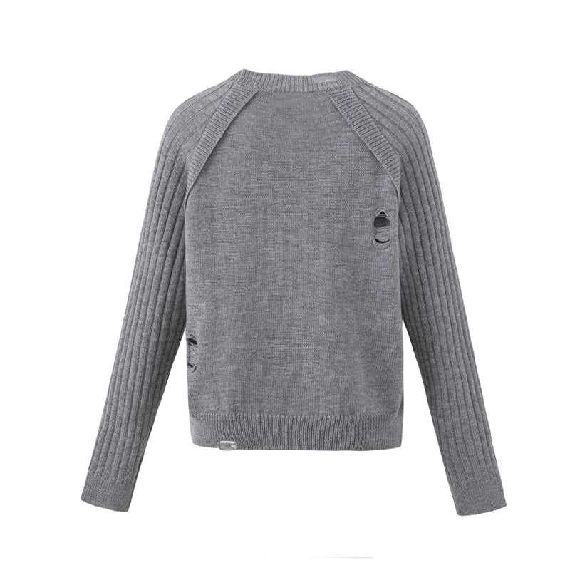 Distressed Graphic Knit Sweater – Raglan Ribbed Sleeve, Rock Print, Grey