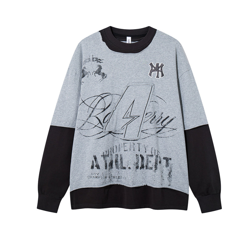 T-shirt oversize color block à motif, manches longues – Haut streetwear à effet deux pièces