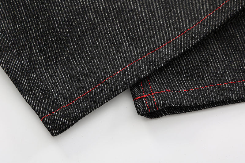 Jean wide leg bicolore à empiècements contrastants et broderie manuscrite – Coupe droite en denim brut