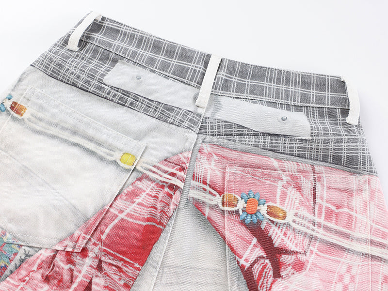 Pantalon ballon à jambes larges avec empiècement à carreaux patchwork – Blanc oversize streetwear
