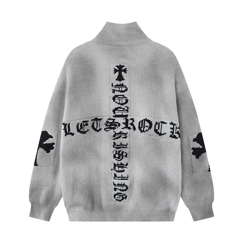 Veste-pull zippée en maille croisée gothique – Gilet oversize punk à col cheminée