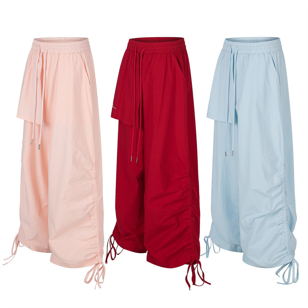 Wide-Leg Parachute Pants with Ruched Side Drawstring & Layered Flap Detail