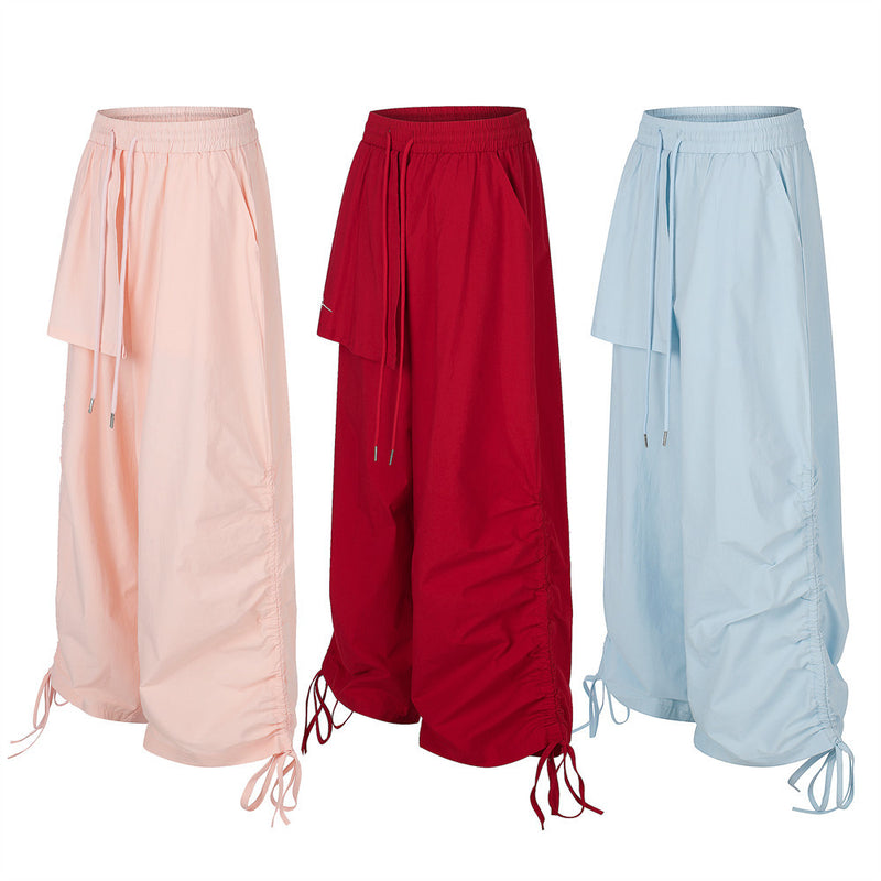 Wide-Leg Parachute Pants with Ruched Side Drawstring & Layered Flap Detail