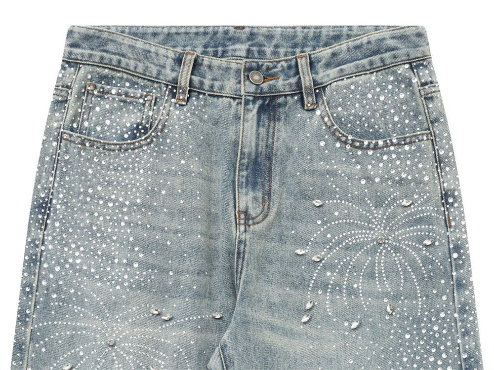 Men's Straight Leg Jeans with All-Over Rhinestone Embellishment – Wide Leg