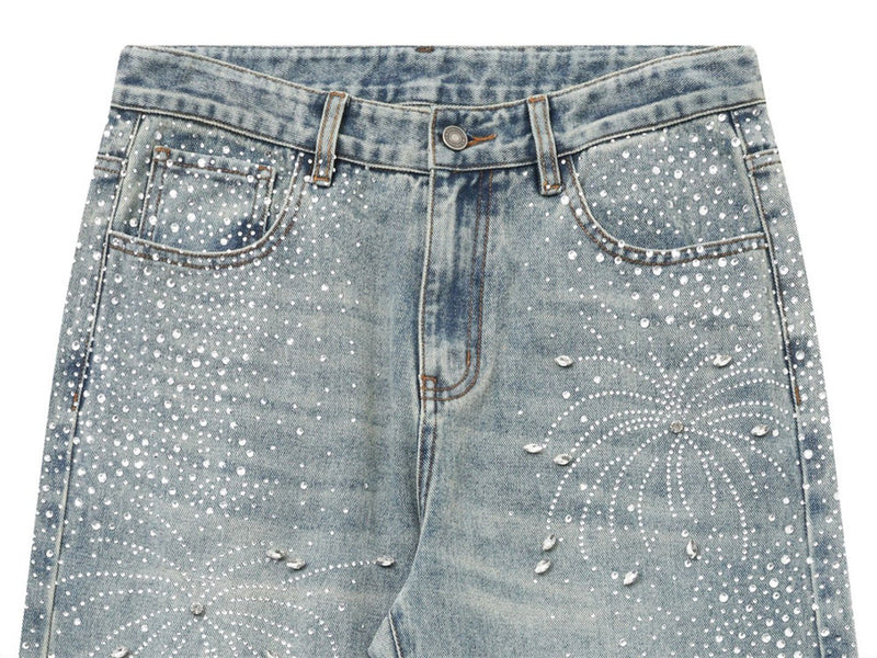 Men's Straight Leg Jeans with All-Over Rhinestone Embellishment – Wide Leg