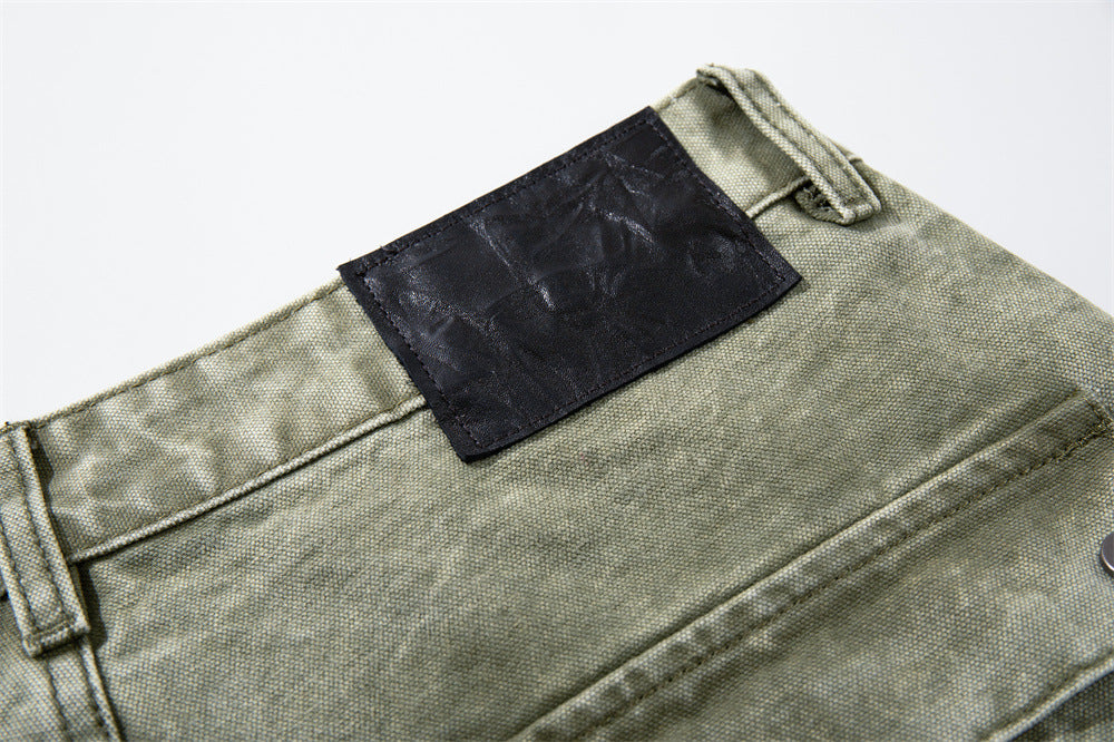 Wide-Leg Cargo Pants with Tribal Graphic & Letter Print – Acid Wash Army Green