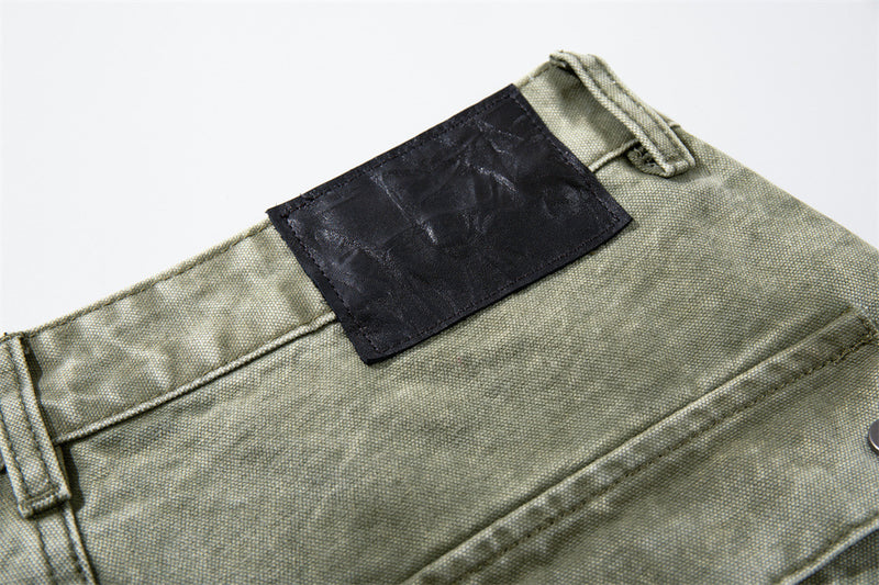 Wide-Leg Cargo Pants with Tribal Graphic & Letter Print – Acid Wash Army Green