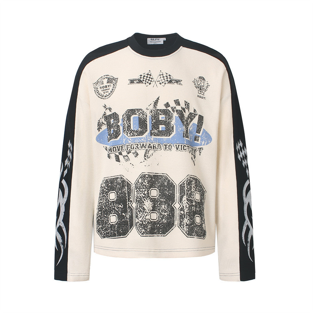 Men's cream and black colorblock waffle knit long sleeve shirt with distressed moto racing graphic print and tribal flame sle