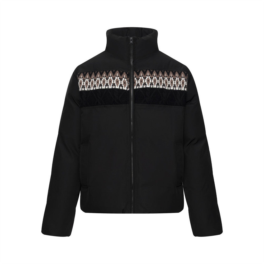Men's Oversized Puffer Jacket with Fair Isle Knit Panel & Stand Collar