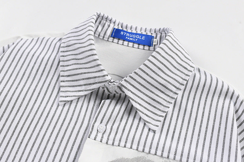 Vertical Stripe Oversized Long Sleeve Shirt with Dark Face Graphic Print