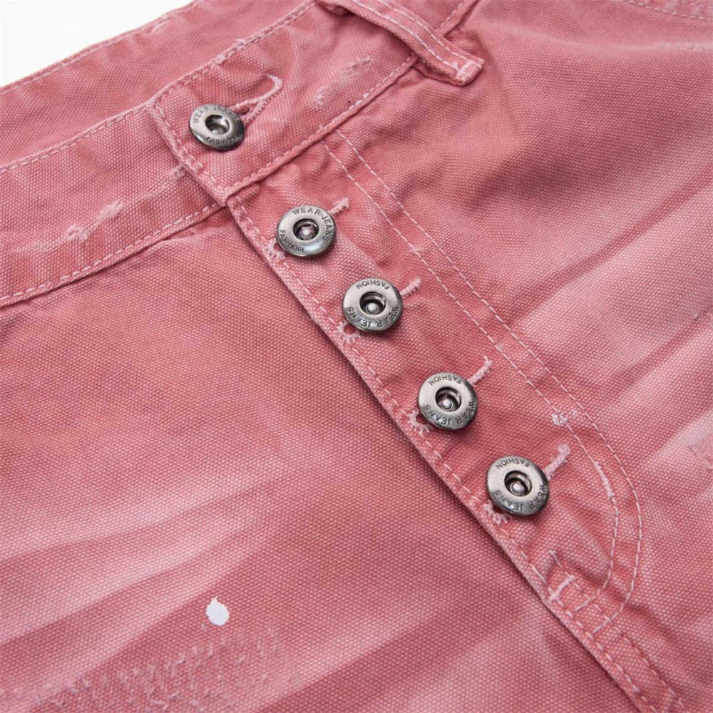Rosa Wide-Leg-Canvas-Hose mit Destroyed-Details – Paint-Splatter-Workwear-Jeans