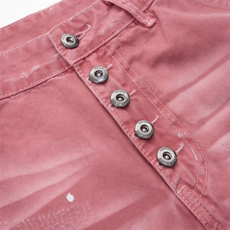 Rosa Wide-Leg-Canvas-Hose mit Destroyed-Details – Paint-Splatter-Workwear-Jeans