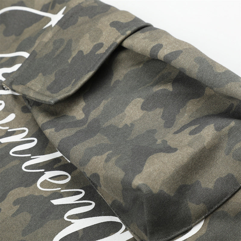 Men's Cargo Camo Pants Wide-Leg Baggy Fit with Script Print & Multi-Pocket