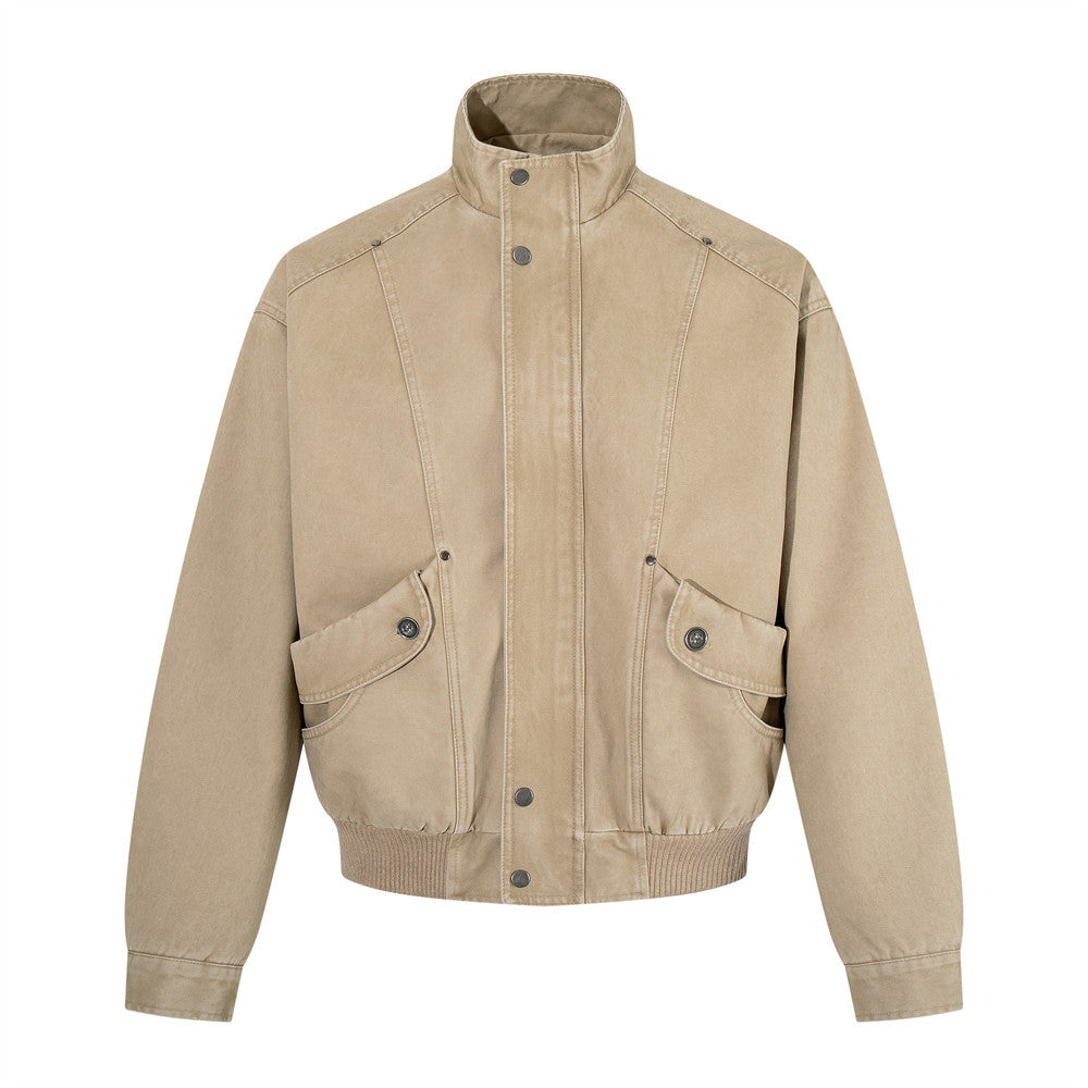 Blouson bomber vintage oversize homme kaki délavé avec grandes poches cargo et bord-côtes, vue de face et de dos
