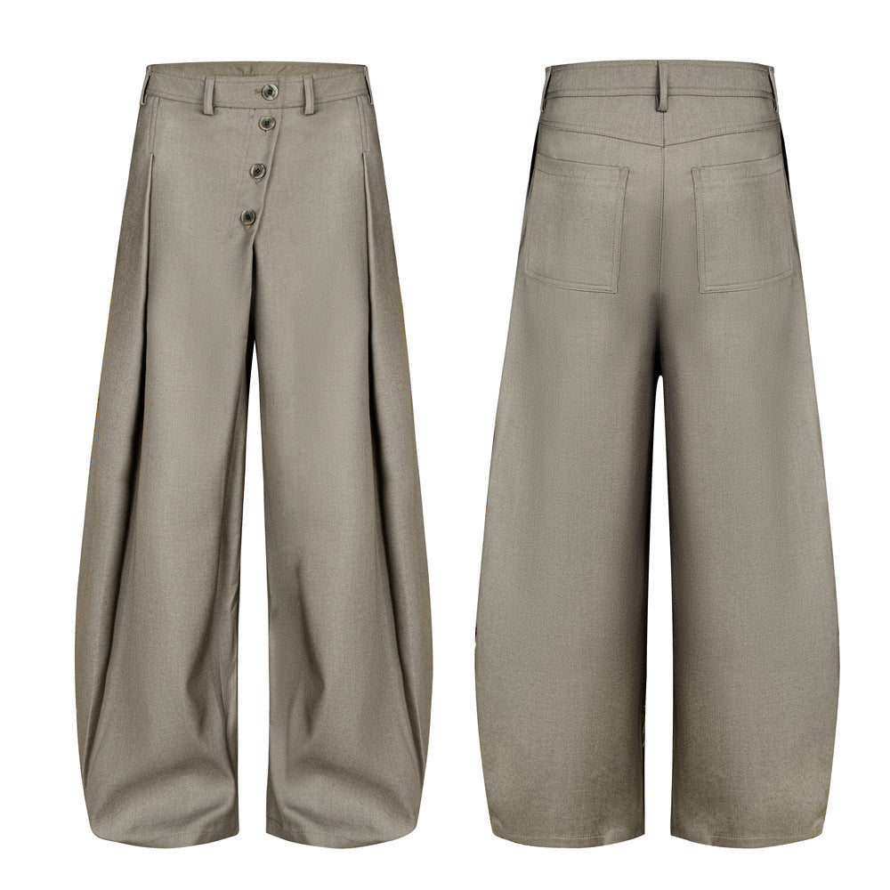 Men's wide-leg pleated trousers with diagonal button fly in khaki, front and back view