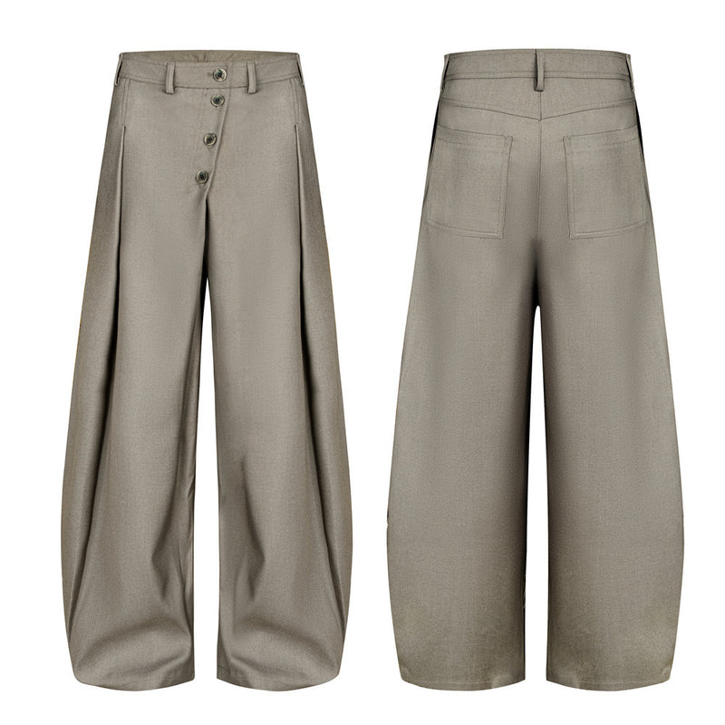 Men's wide-leg pleated trousers with diagonal button fly in khaki, front and back view