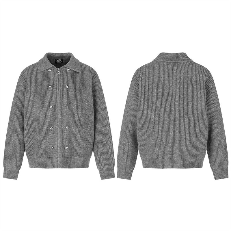 Ribbed Knit Zip-Up Cardigan Jacket – Oversized Fit with Metal Hardware Detail