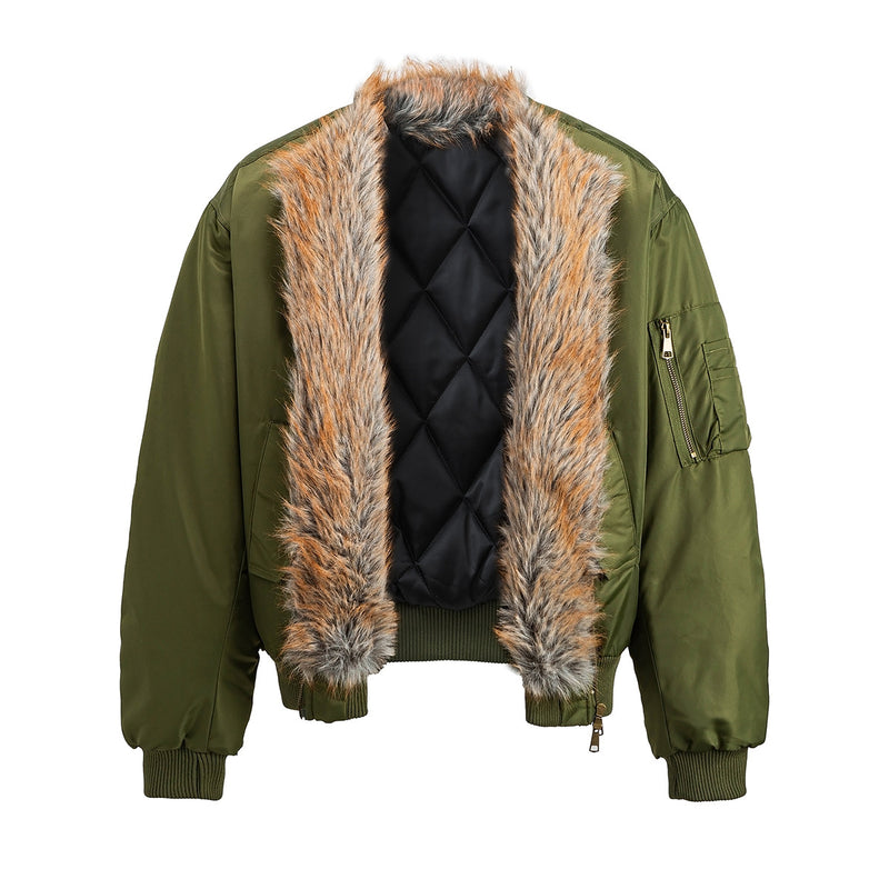 Faux Fur Collar Bomber Jacket with Quilted Lining