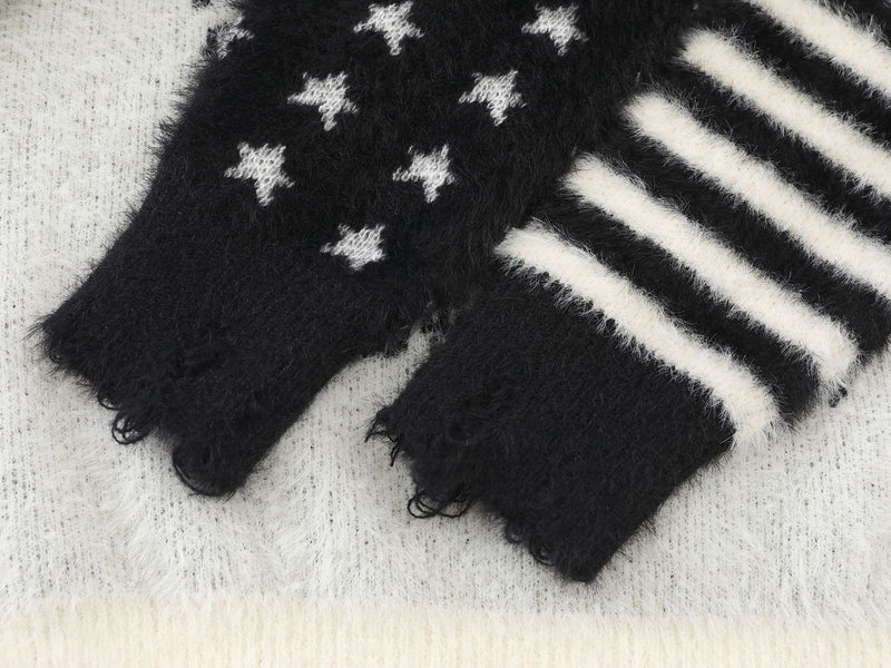 Cartoon Rabbit Angel Knit Sweater – Mixed Star & Stripe Fuzzy Pullover with