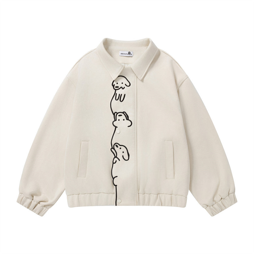 Varsity-Jacke mit Cartoon-Hunde-Stickerei – Oversize-Bomber mit Druckknöpfen