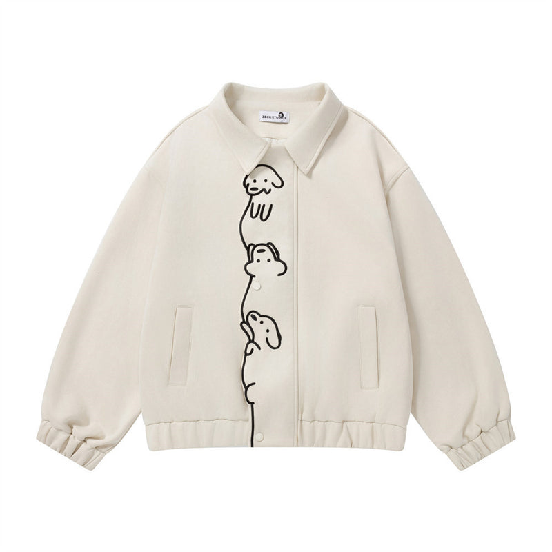 Varsity-Jacke mit Cartoon-Hunde-Stickerei – Oversize-Bomber mit Druckknöpfen